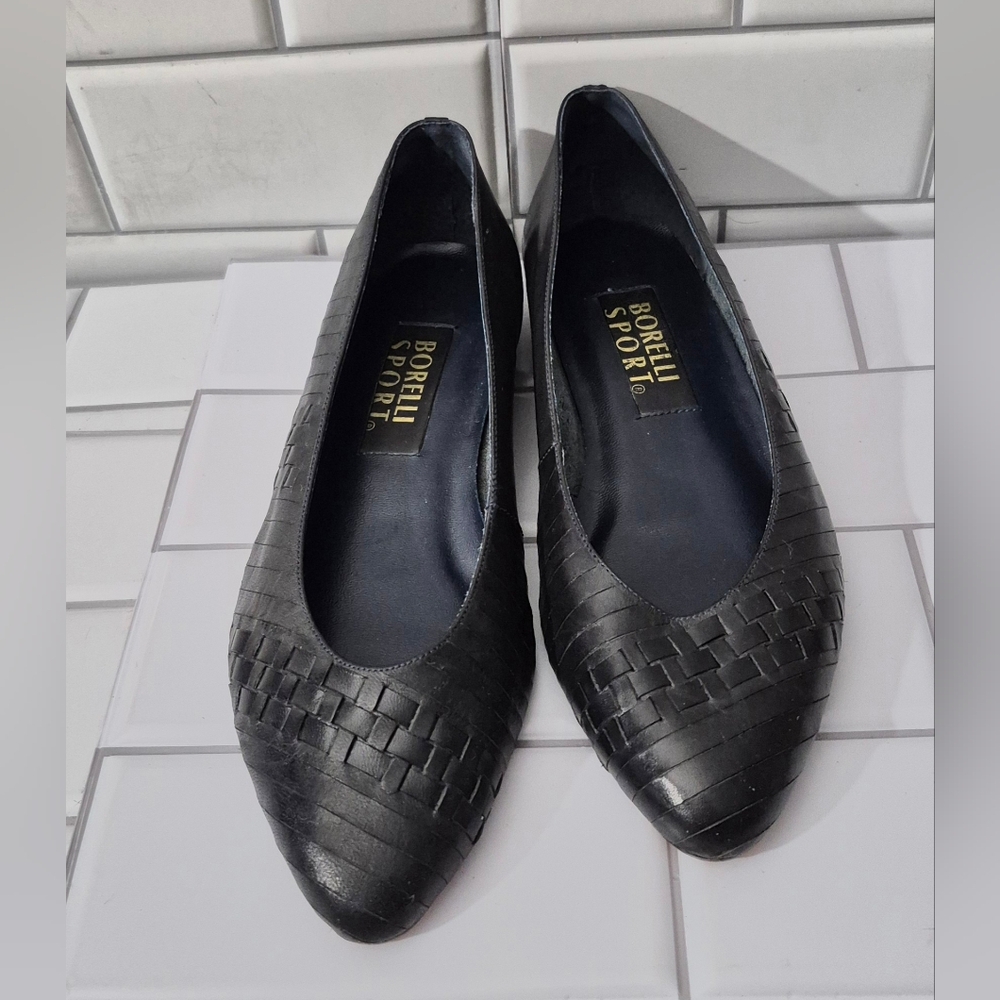 Borelli Sport Made In Brazil Vintage Ladies Navy Blue Leather Flat Shoe Woven Le